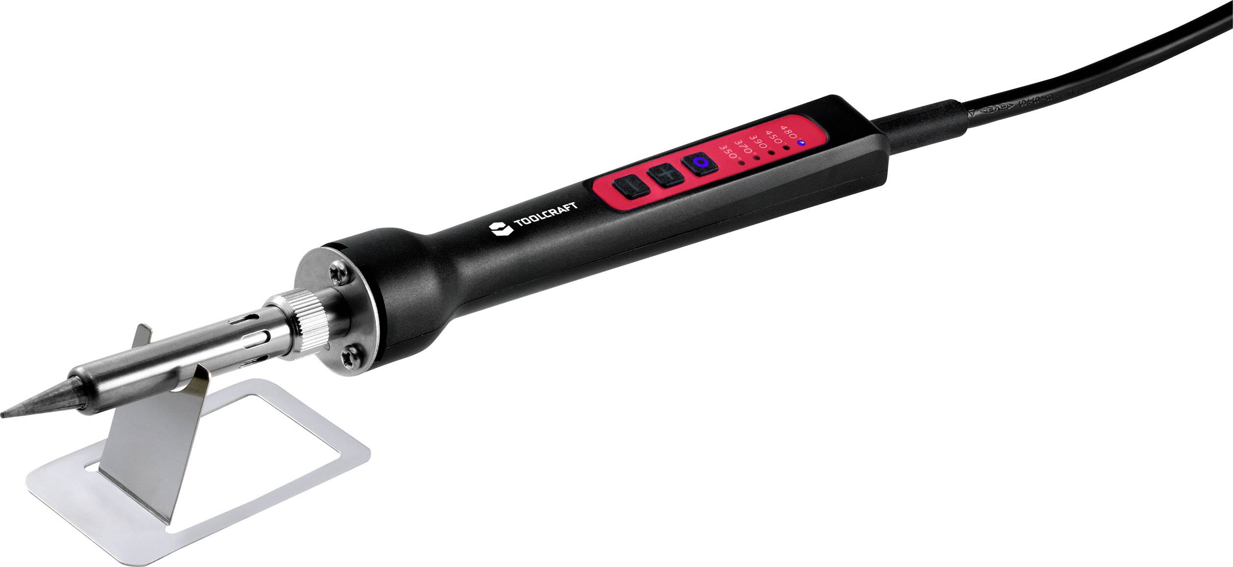 Electric soldering iron with digital temperature display and stand, used for soldering electronic components.