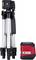 A red Toolcraft laser levelling device next to a folded silver-black tripod with an integrated spirit level.
