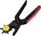 Black revolver punch pliers with red handle, six adjustable punch heads on yellow wheel for different hole diameters.