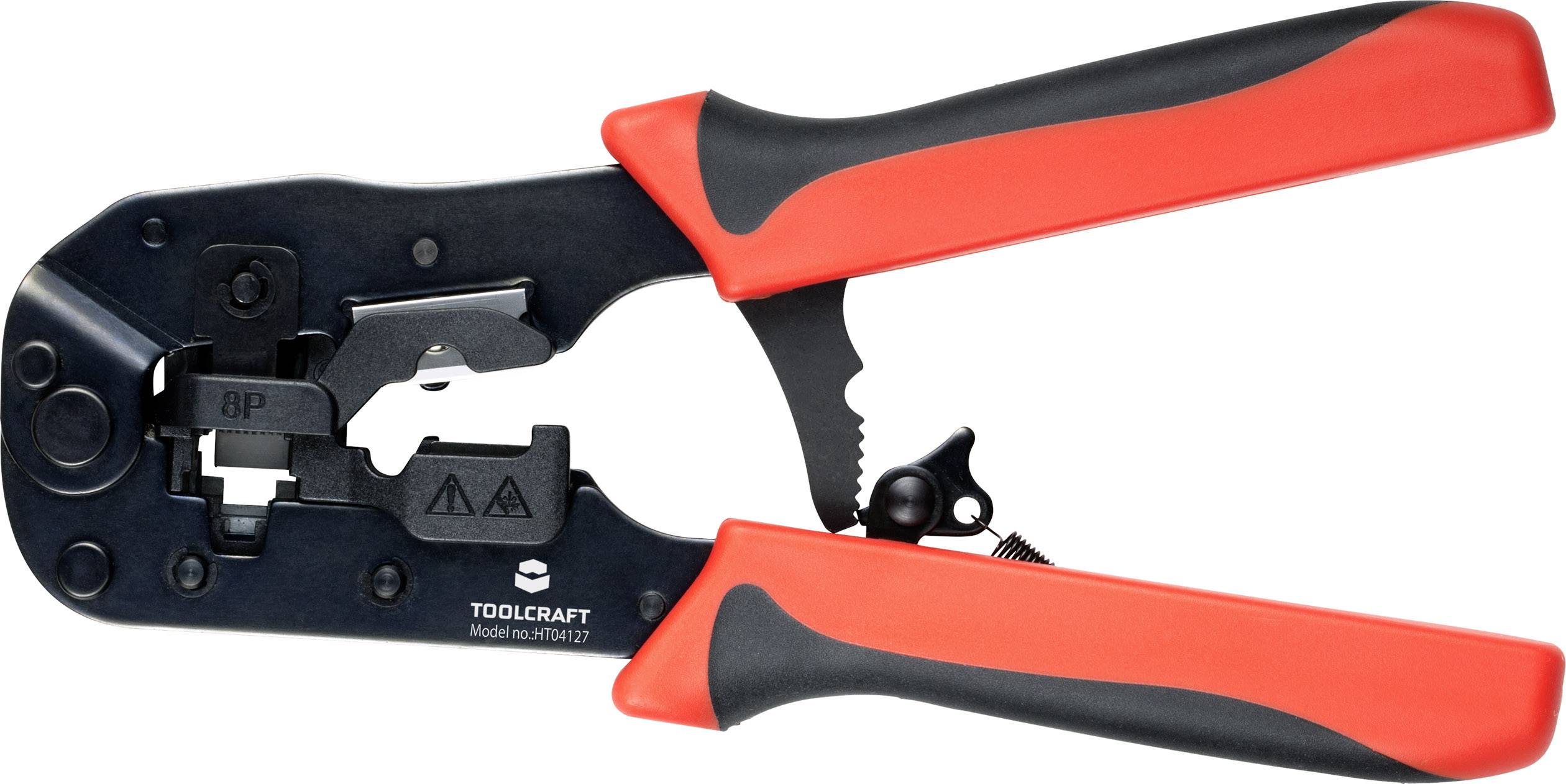 A crimping pliers with red handles, suitable for cable work. Brand name and model number shown on the pliers.