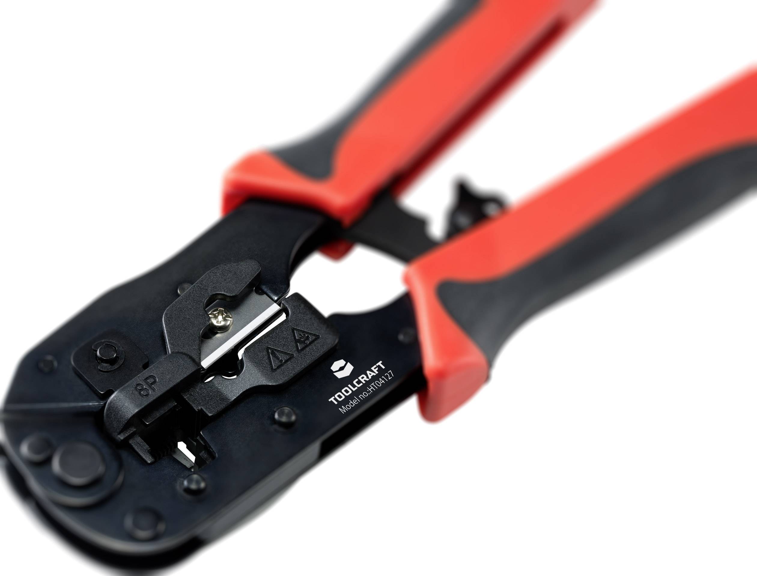 Crimping pliers with a red handle, suitable for crimping cables, with a mechanism for tightening and cutting, on a white background.