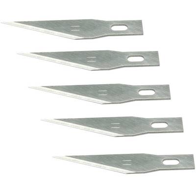 'Five replacement blades with pointed ends, arranged evenly side by side, on a white background.'
