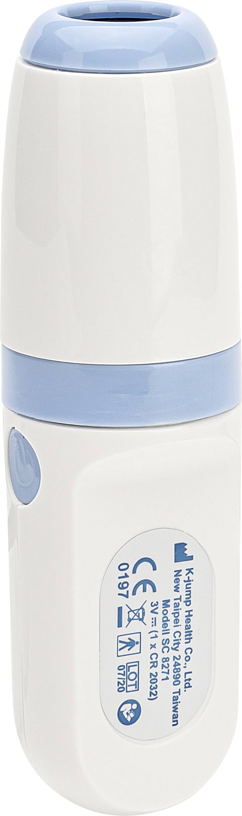 A white and blue electronic device with a label displaying brand markings and safety identifications. Hand sanitiser dispenser.