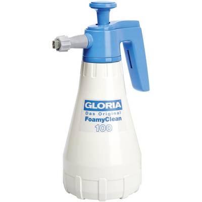 Spray bottle with blue handle and nozzle, label 'Gloria Das Original FoamyClean 100' on the white container.