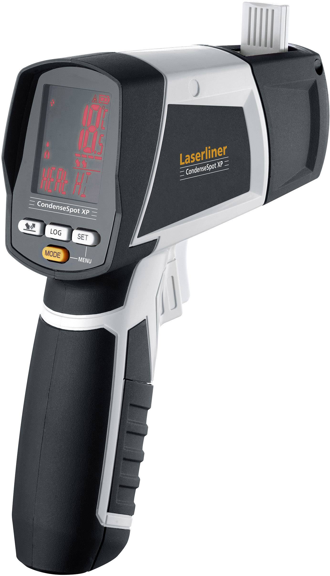 Handheld device for measuring temperature and humidity, with a digital display and push buttons for various settings.