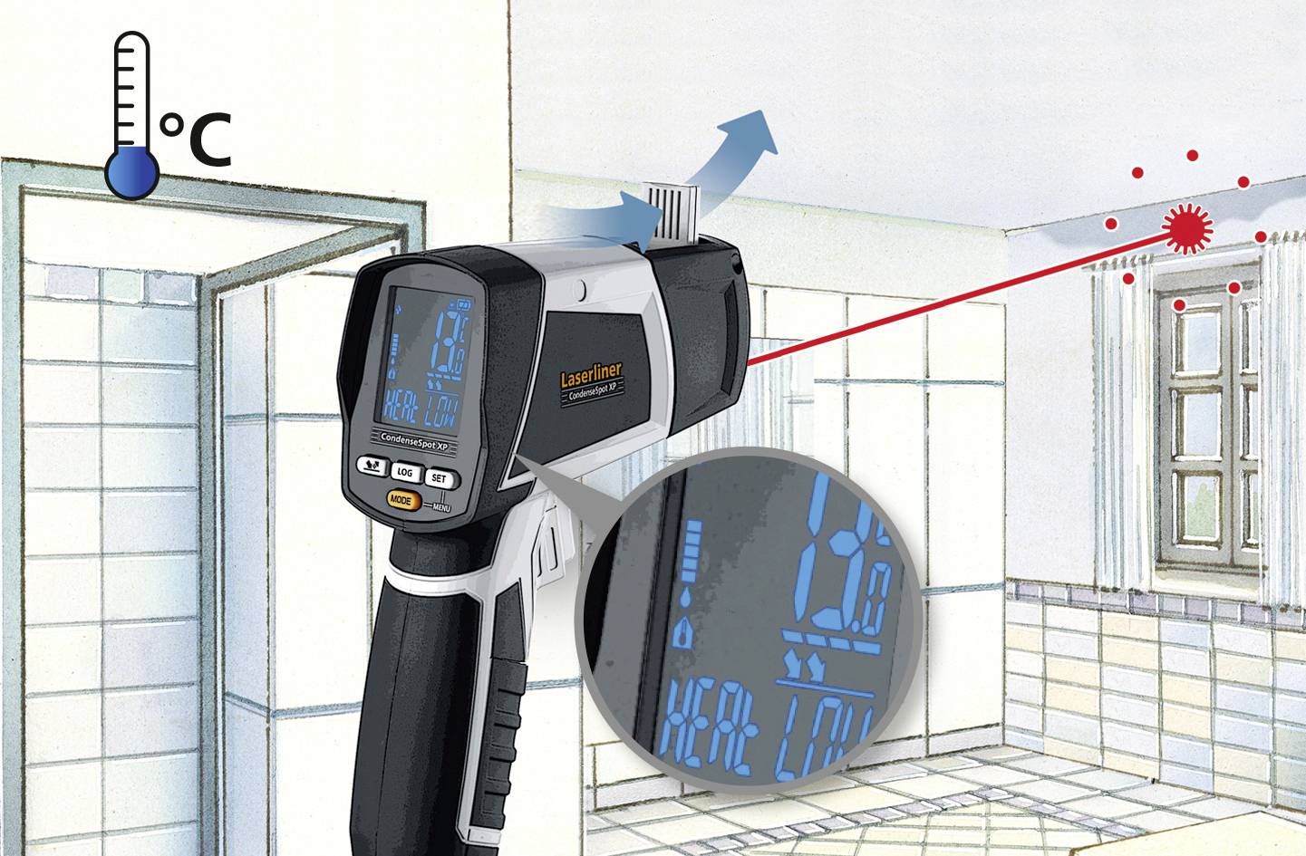 An infrared thermometer measures the temperature of a wall. A laser beam indicates the measurement point. The screen shows 20°C.