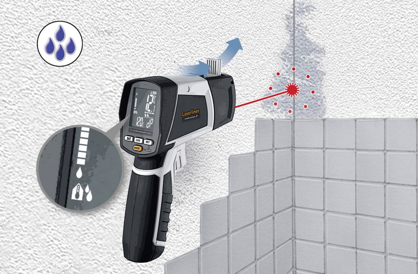 A digital moisture metre displays the moisture content on a white wall with red laser points. Pictograms illustrate the measurement.
