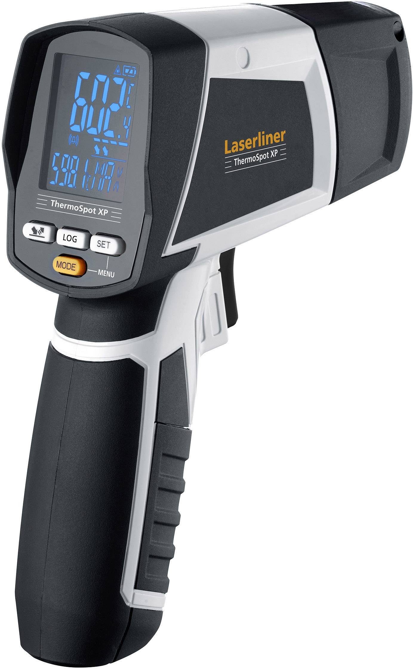 Infrared thermometer with digital display showing '60.2 °C'. Device in black and silver with various buttons for settings.