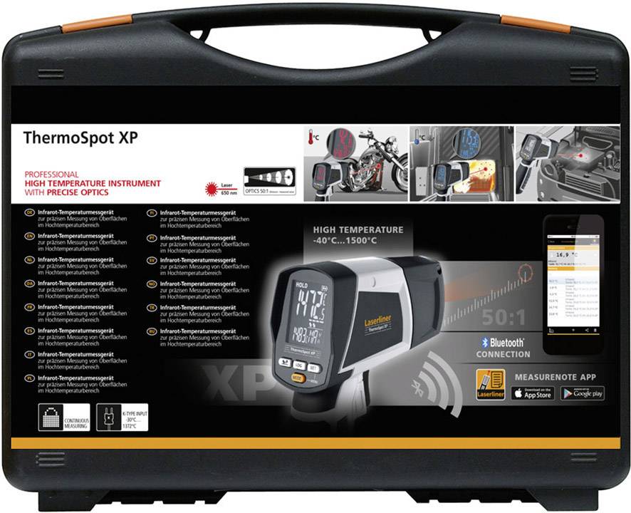 Black suitcase with an image of an infrared thermometer, product name 'ThermoSpot XP'. Application examples: Motorbike, Car, Smartphone App.