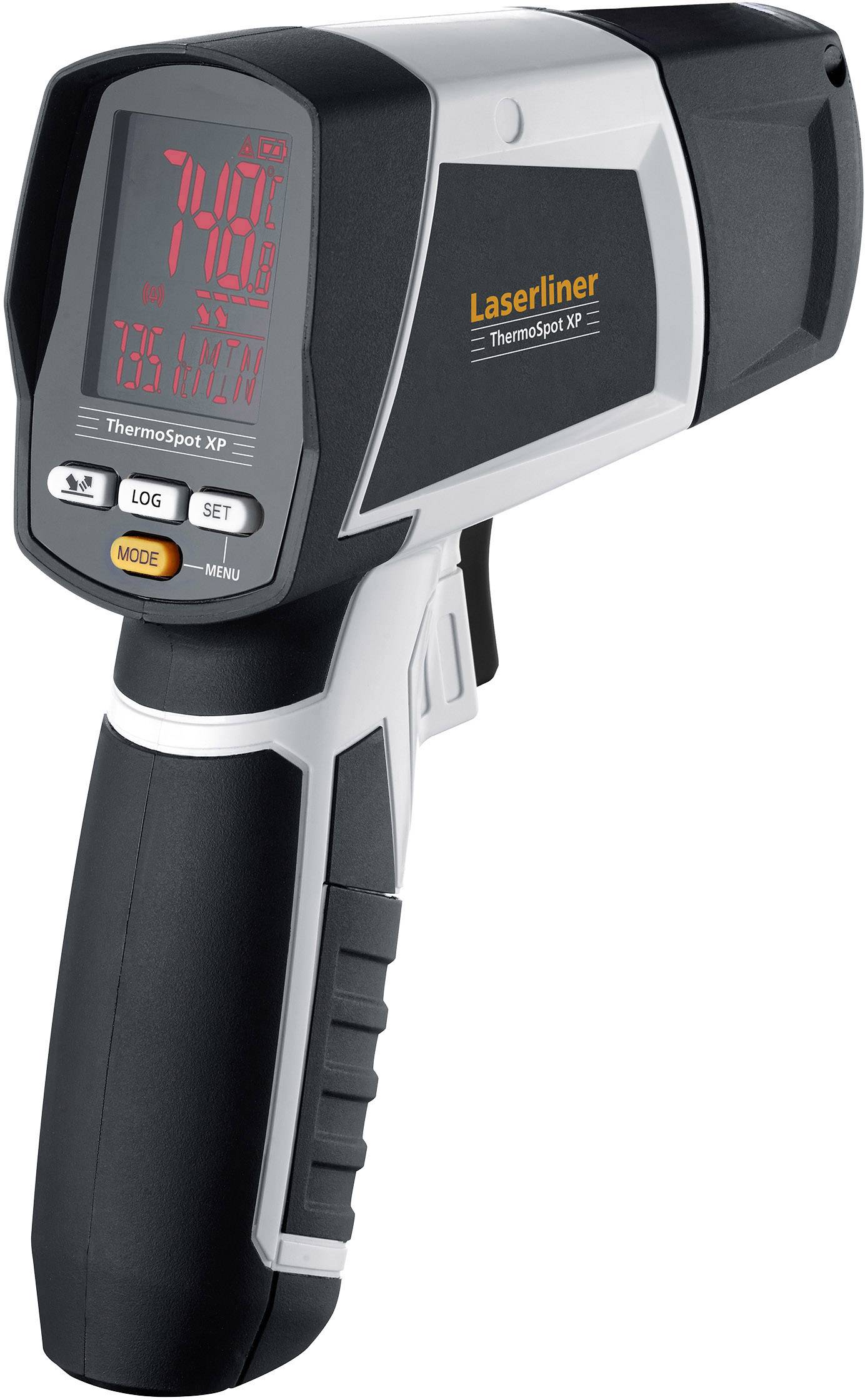 Hand-held infrared thermometer with digital display for temperature measurement. Shows current and maximum temperature on a red LED display.