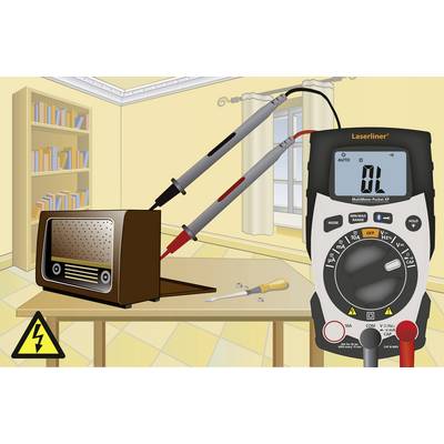 A multimeter is measuring the voltage of an old radio on a table in a room. A screwdriver and electrical warning symbol are visible.