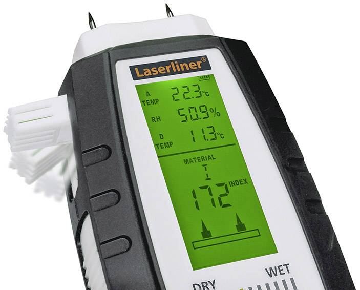 'Moisture meter displays on LCD screen: Temperature 22.3°C, relative humidity 50.9%, dampness index 172.'