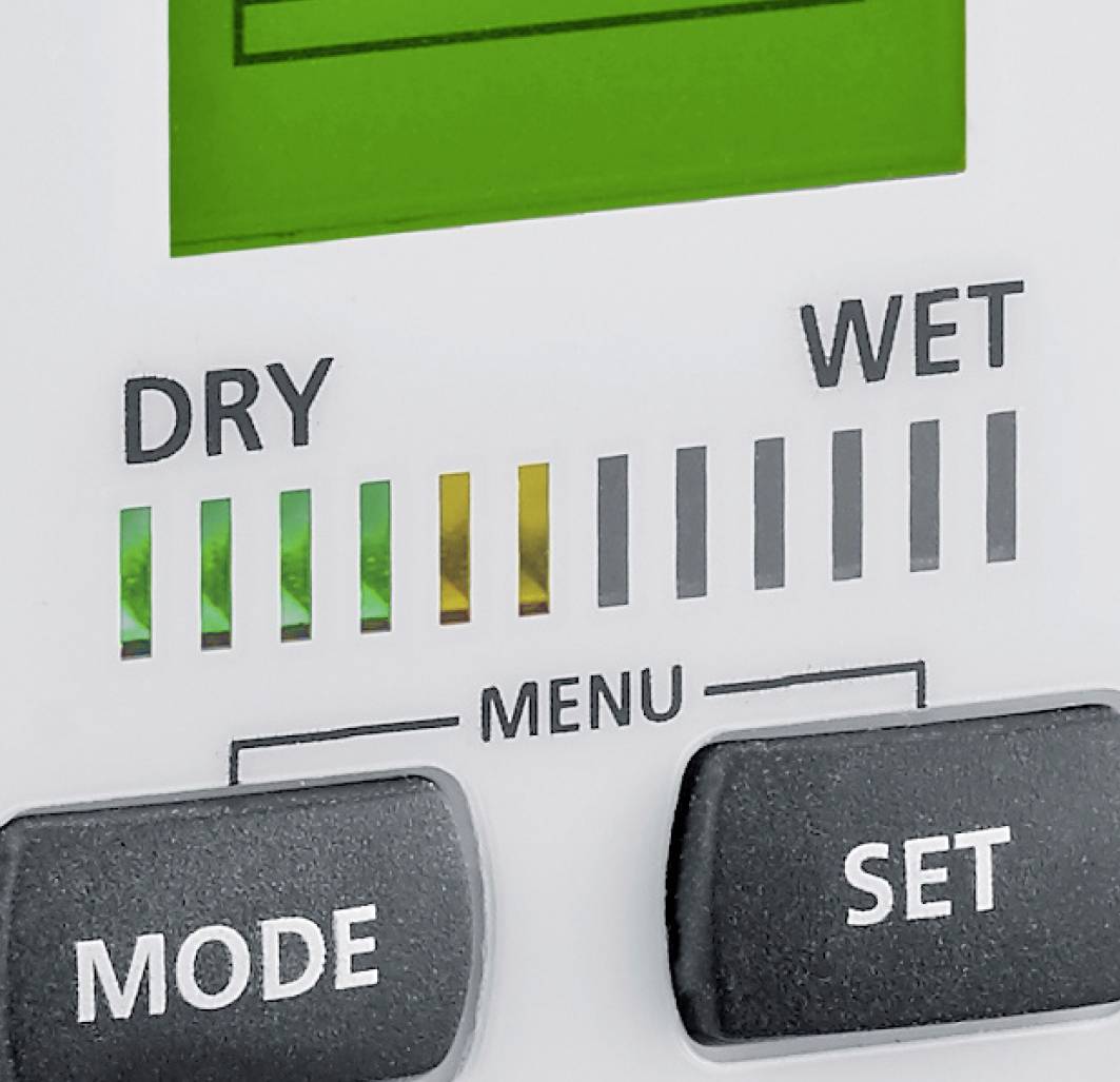 A display device with 'DRY' and 'WET' indicators and a series of green and yellow bars for moisture measurement, with 'MODE' and 'SET' buttons.