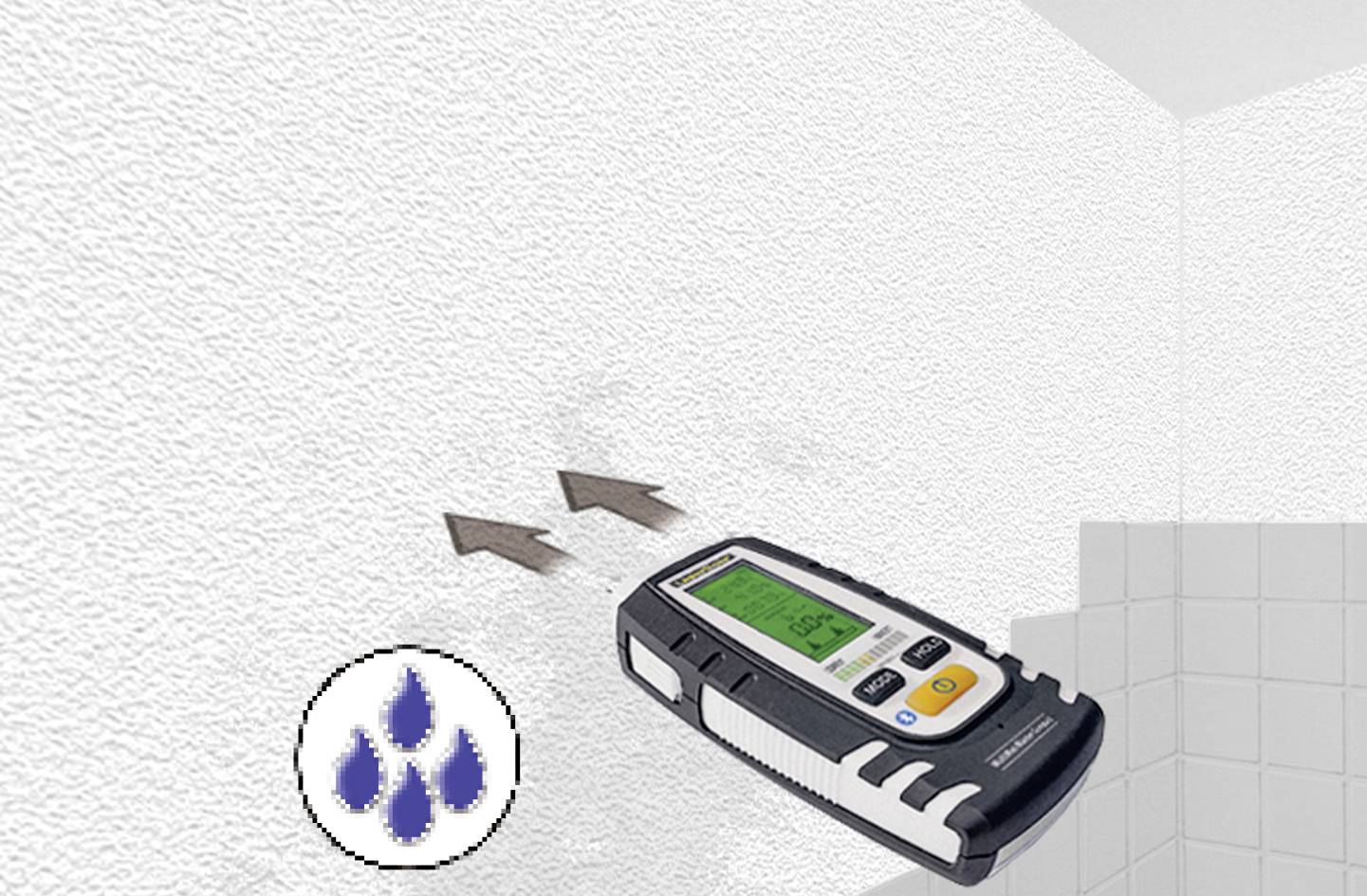 Moisture meter shows humidity in a white wall, next to blue water droplet symbols. Device has a green display.