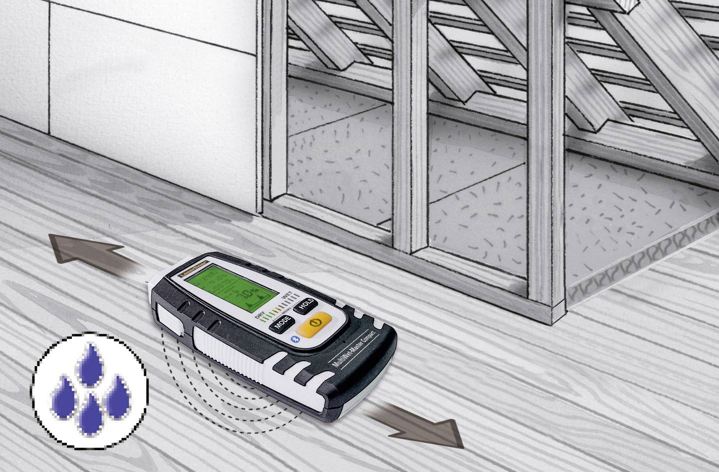 A moisture metre is moved over a wooden floor to check for moisture. In the background, an exposed wall structure can be seen.