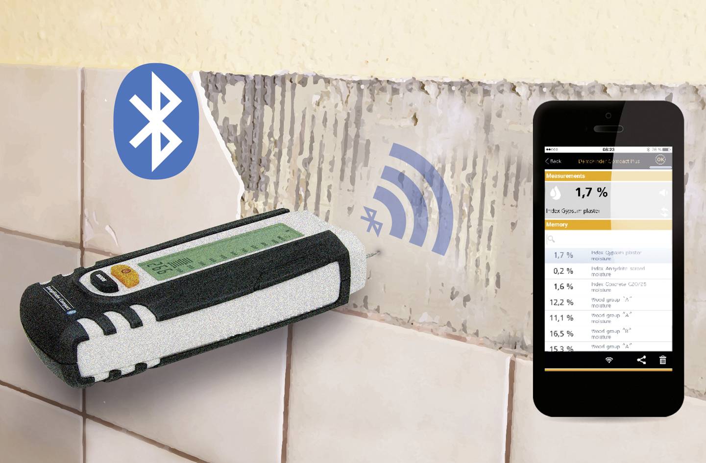 A moisture meter displays moisture data which are transmitted via Bluetooth to a smartphone.