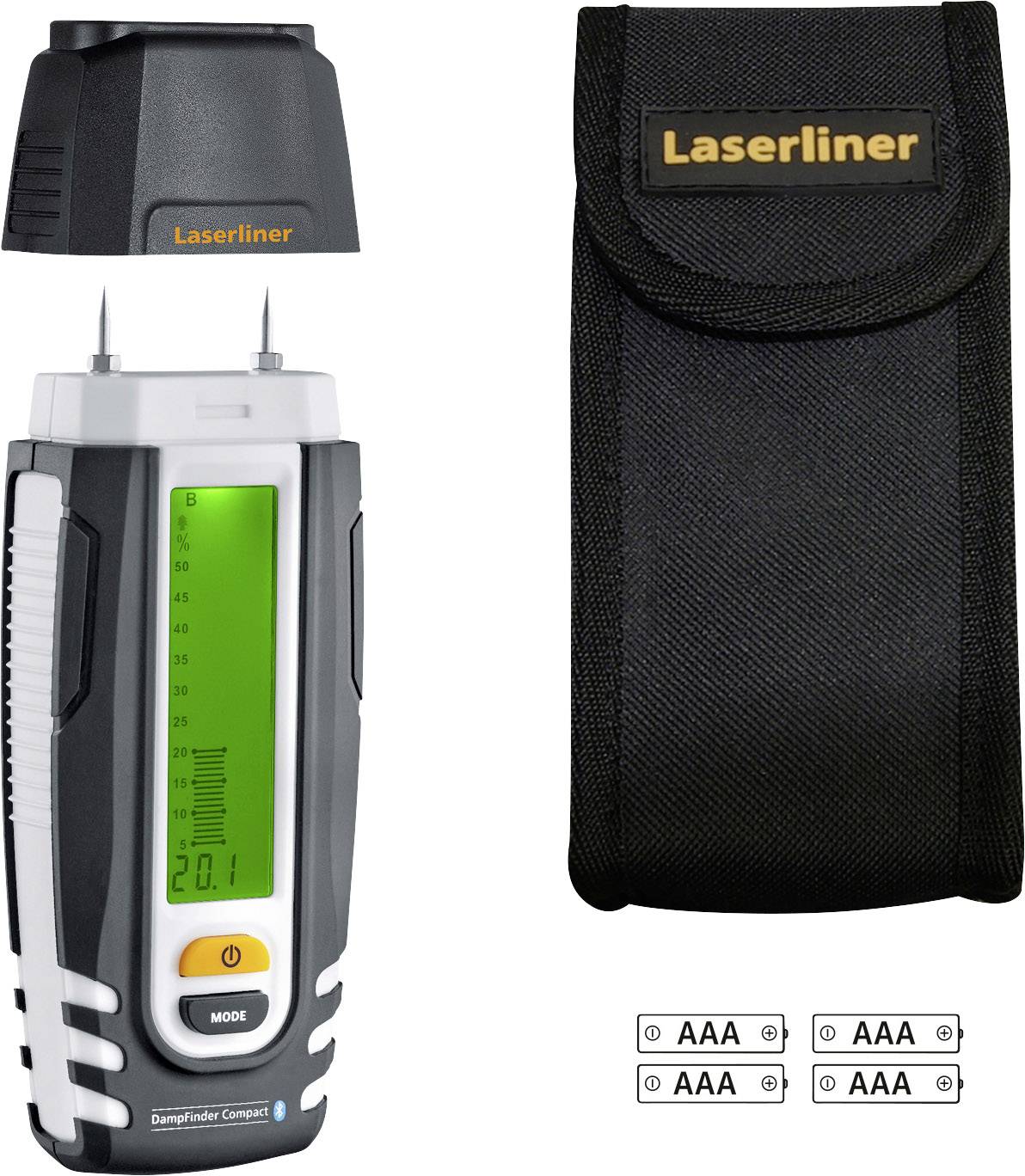 Moisture measuring device with green display, brand name 'Laserliner', removable protective cap, matching carry case, and AAA batteries.