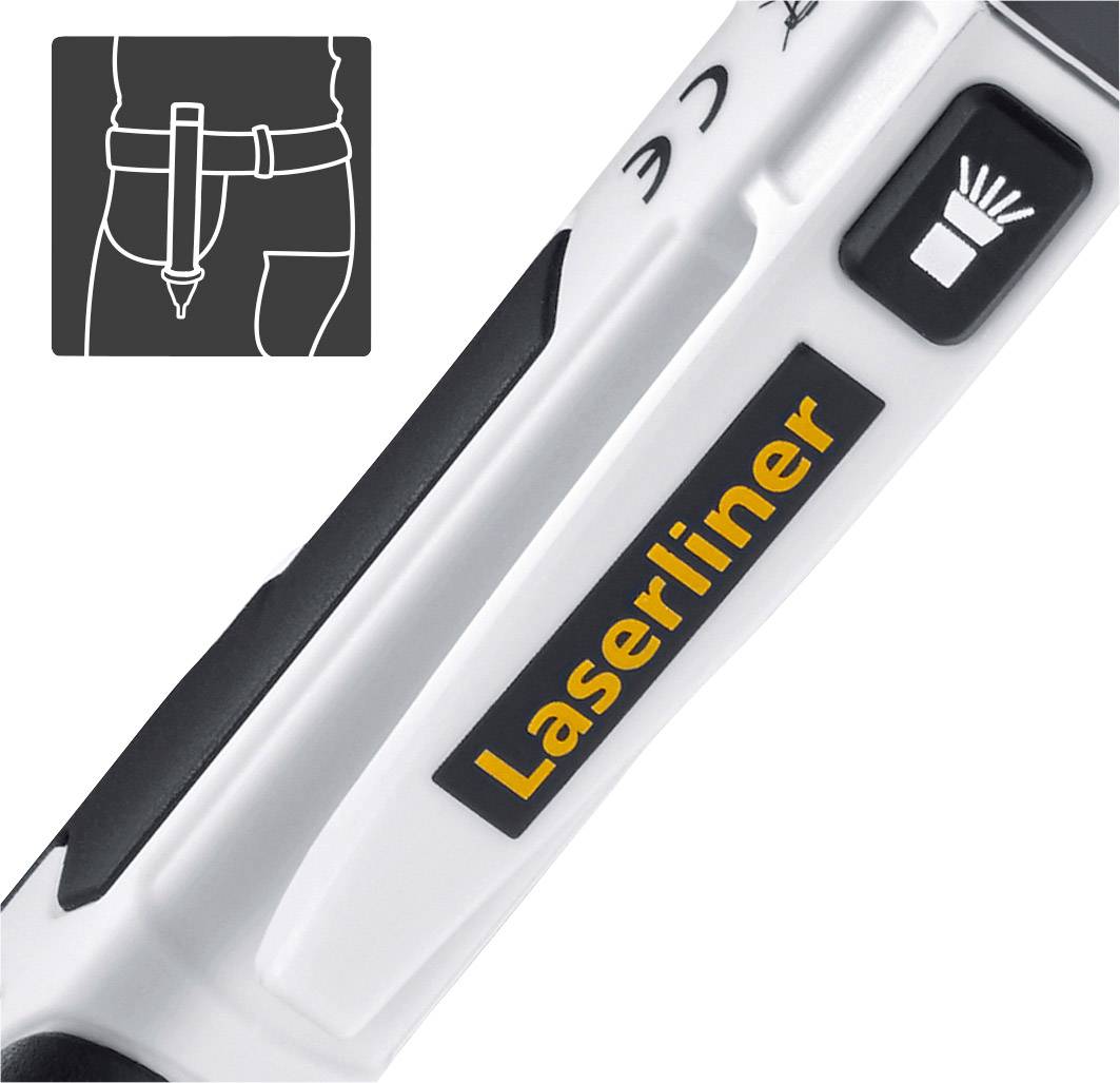 A laser distance measure with the inscription 'Laserliner'. The symbol shows the device in a trouser pocket as portable and handy.