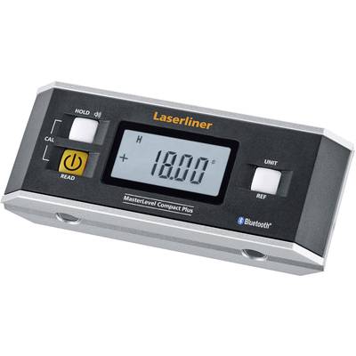 'Laserliner MasterLevel Compact Plus' with digital display, showing '18.00°'. Buttons for calibration, unit, and save are visible.