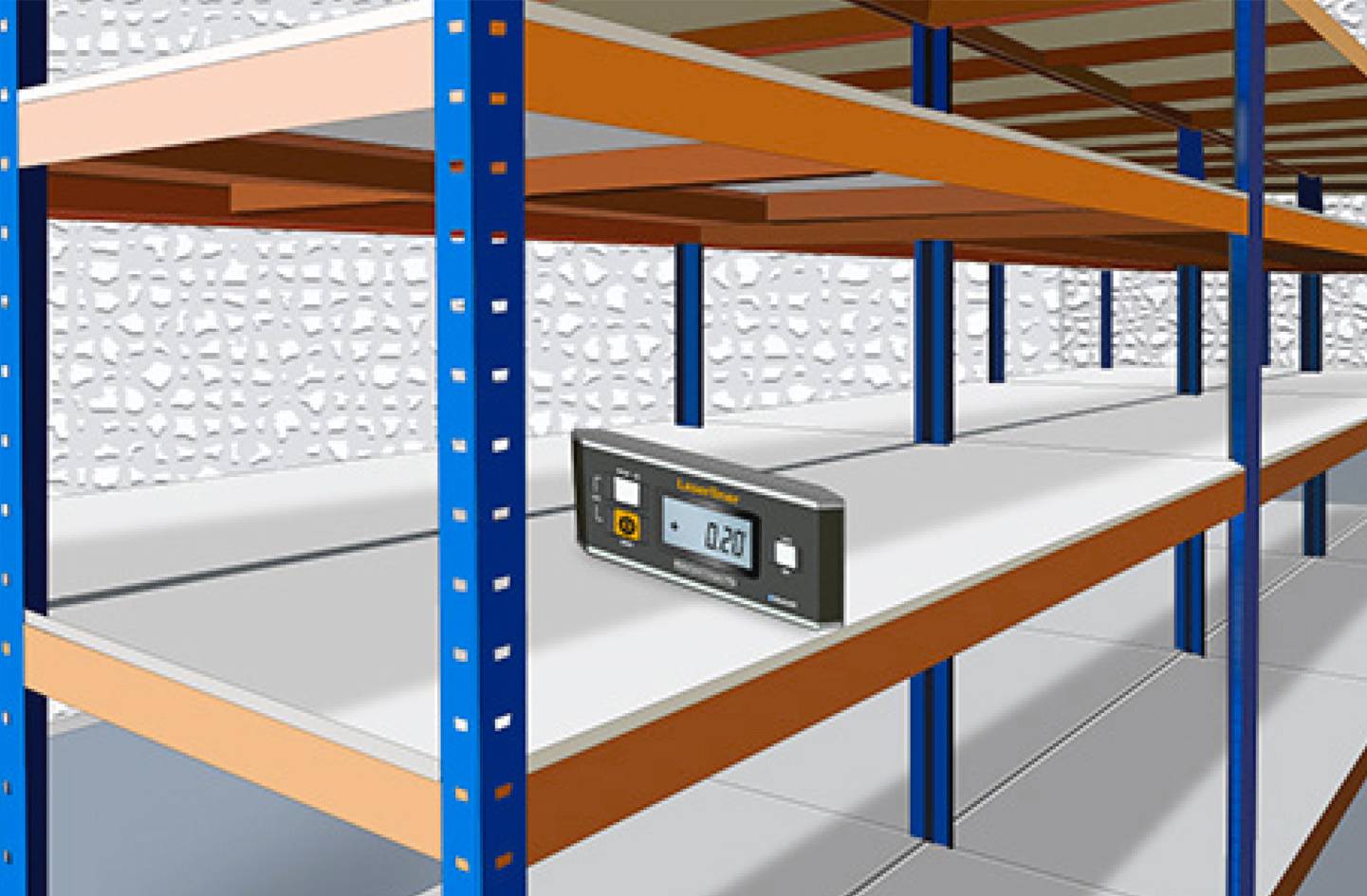 Digital spirit level on an empty metal shelf in a storage room, showing 0.20.