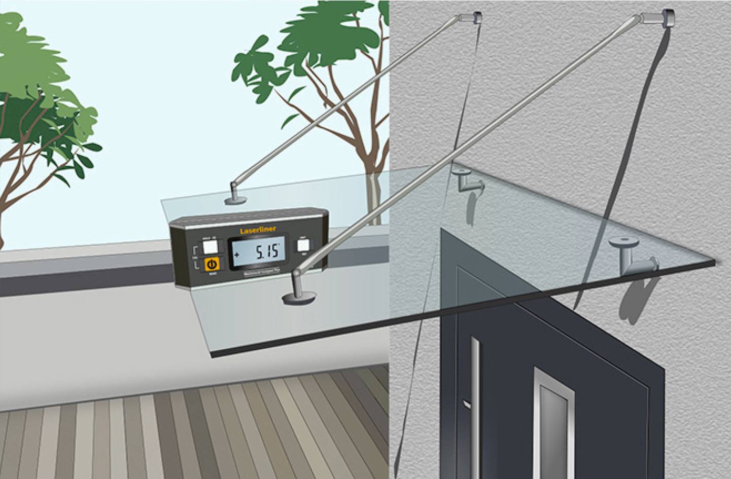A glass canopy is being checked with a laser measuring device. It shows an angle of 5.15 degrees above a front door.