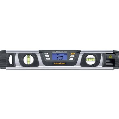 Spirit level with digital display showing 90.0 degrees, surrounded by two bubble vials for horizontal and vertical alignment.