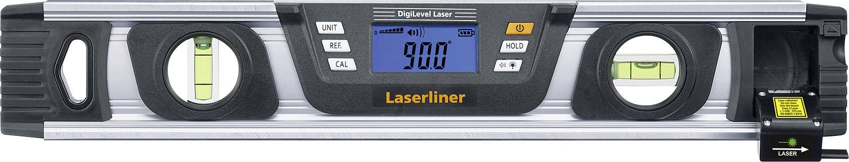 Digital spirit level with LCD display showing '90.0'. Two bubble vials on the left and right for levelling. Brand 'Laserliner'.