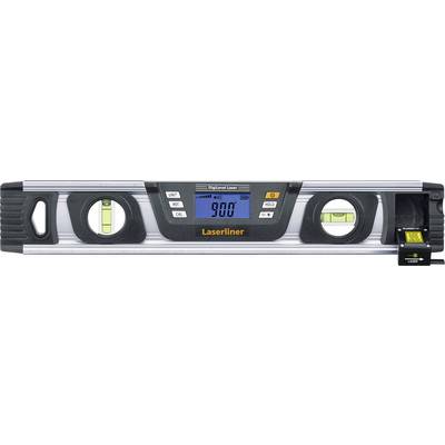 Digital spirit level with LCD display showing '90.0'. Two bubble vials on the left and right for levelling. Brand 'Laserliner'.