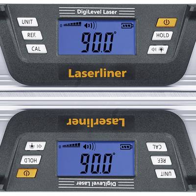 Laser spirit level shows an angle of 90.0 degrees on its digital display. Buttons on the sides enable various functions.