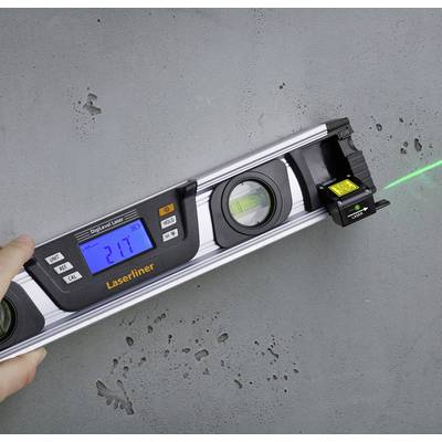 Digital spirit level with laser on grey concrete surface, displaying an angle measurement of 21.7 degrees. Clear, green laser beam visible.