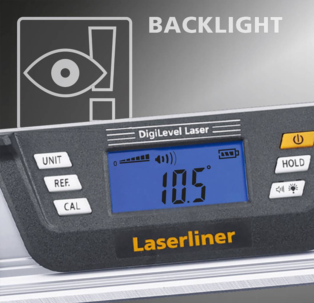 Digital laser spirit level with display shows an angle of 10.5 degrees. The device has control buttons and a backlight.