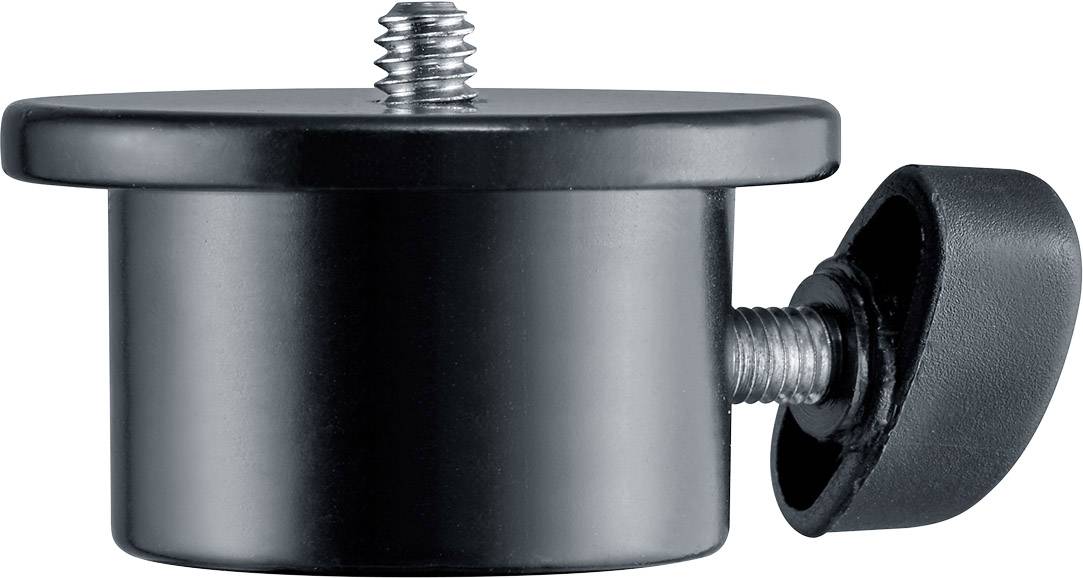 Black mounting support with screw and round handle, showing a fixing component for furniture or mechanical applications.