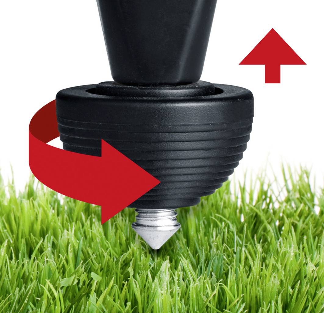A spike-like plastic foot is twisted into the grass to ensure stability. Red arrows indicate the direction of rotation and movement.