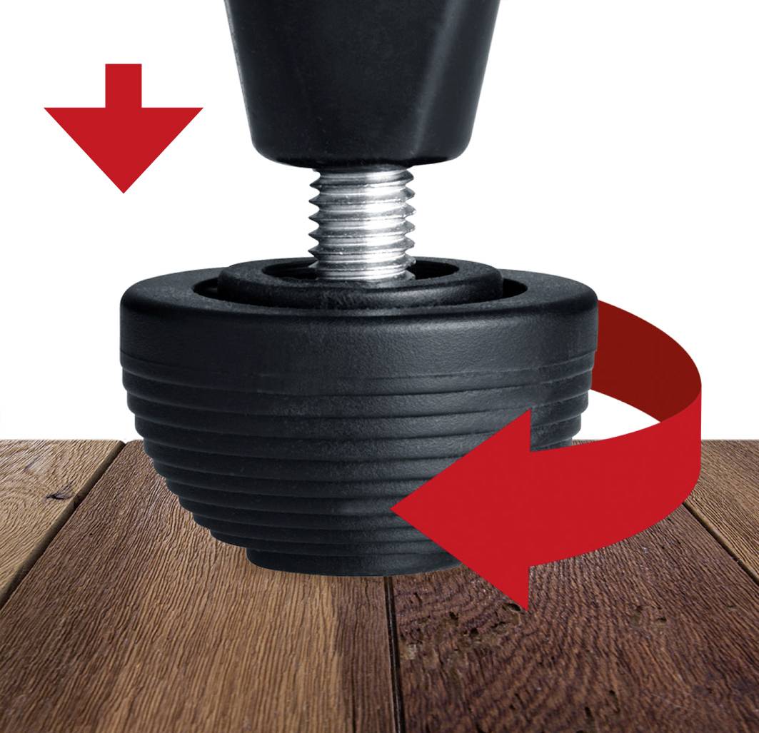 Rubber feet with screw threads are screwed into a wooden floor, illustrated by red arrows indicating pressure and rotation.