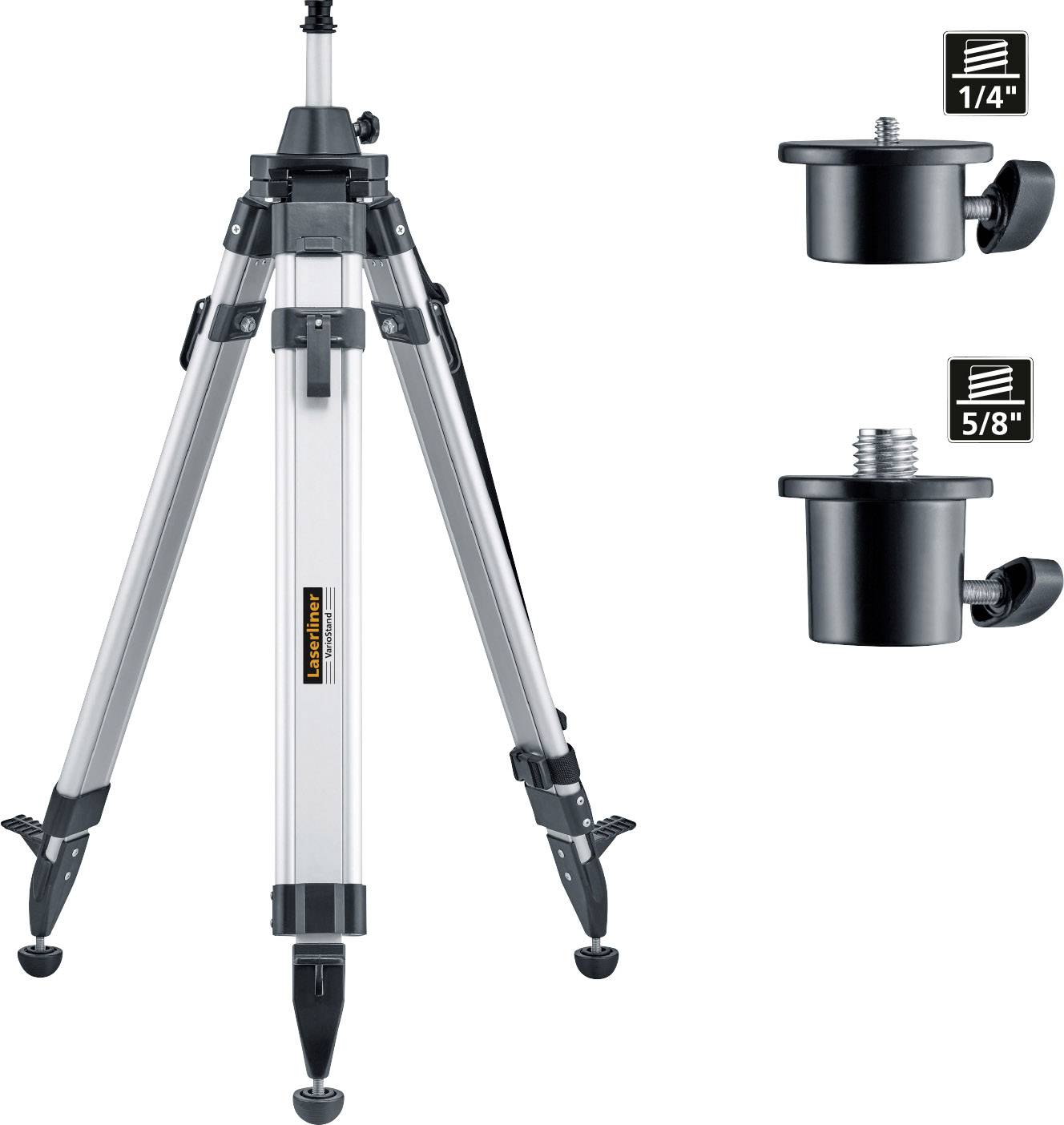 Tripod with adjustable-height legs. Two adapters: 1/4-inch and 5/8-inch screw threads for mounting.