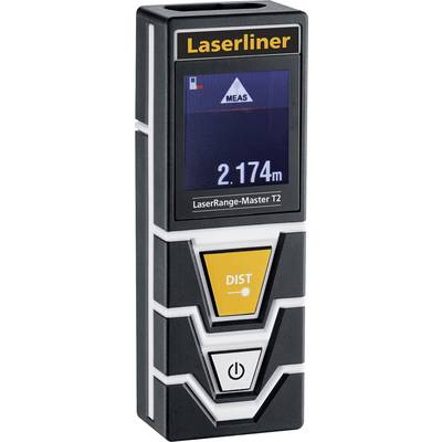 A laser distance meter with display shows a measuring distance of 2.174 metres. Distinctive button for distance measurement, integrated digital display.