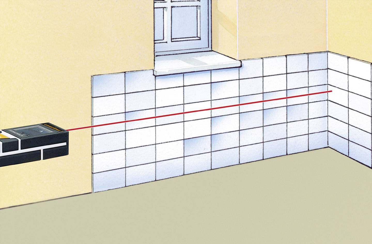 A laser beam is projecting straight lines onto a tiled wall to ensure horizontal alignment when tiling.