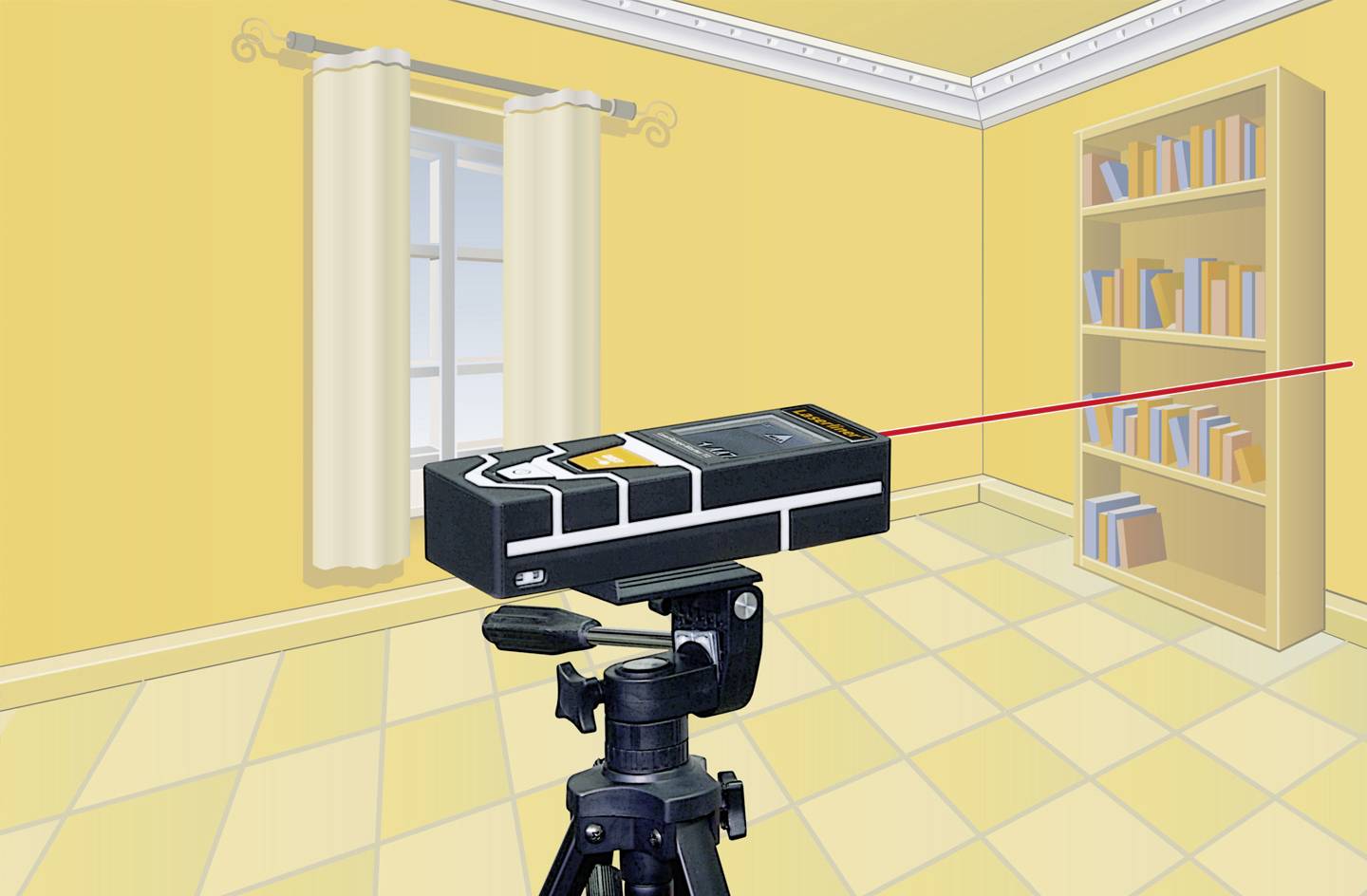 A laser rangefinder on a tripod is aimed at a bookshelf in a yellow room with a window and curtains.