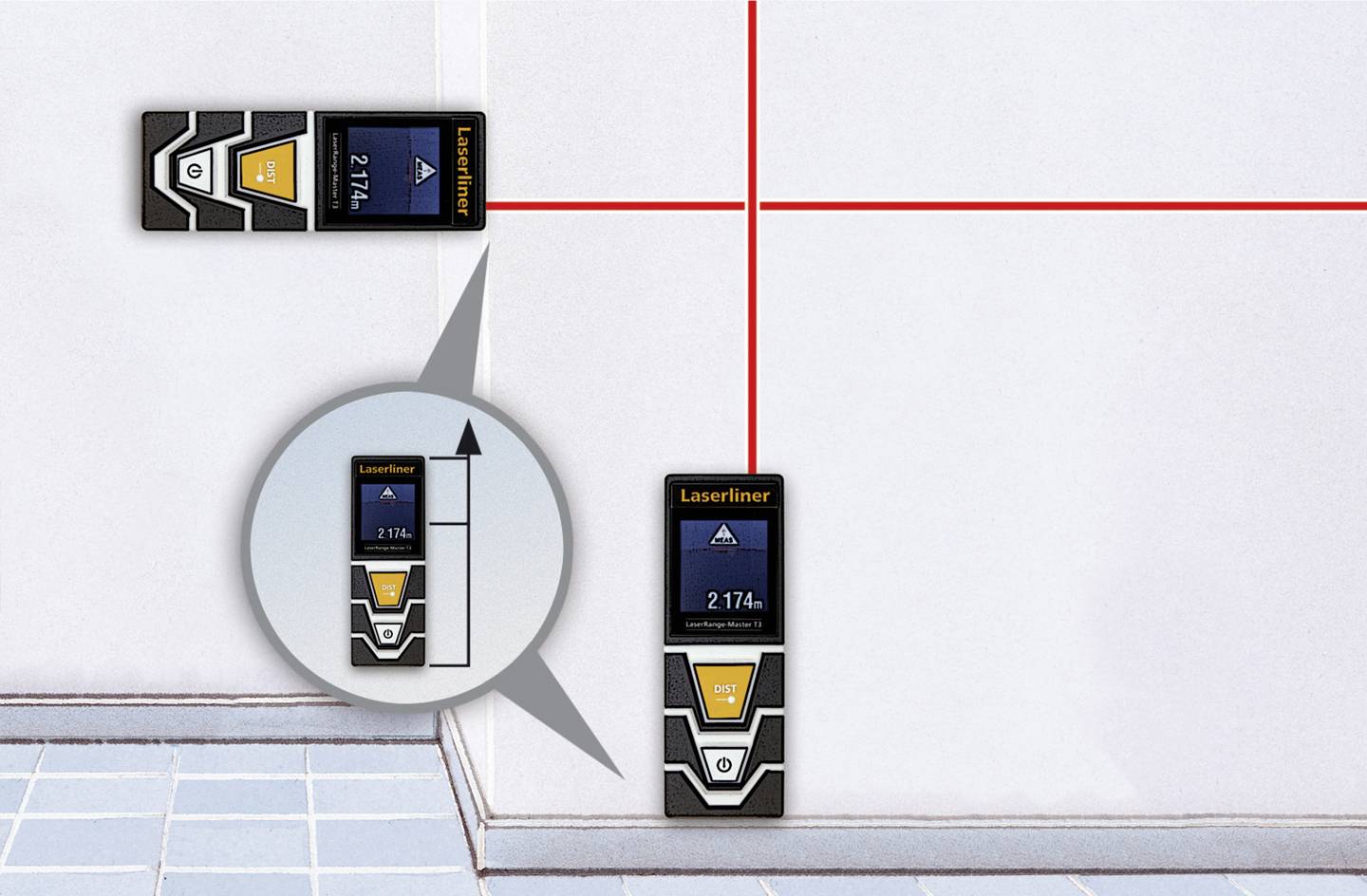 Two laser rangefinders project red lines onto a wall and display 217.4. The devices are positioned above tiled flooring.