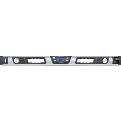 Digital spirit level with display, cylindrical vial levels at both ends and function buttons in the centre.