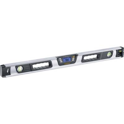 Silver digital spirit level with a blue display showing '90.0', and two round, green bubble vials for angle measurement.