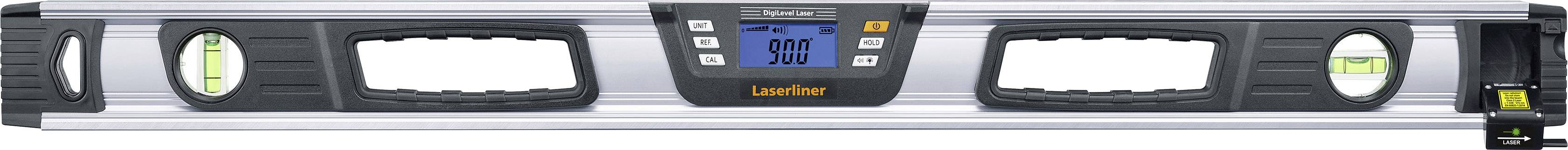 Spirit level with a digital display in the centre, showing measurement values and spirit bubbles on the left and right for horizontal alignment.