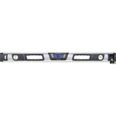 Spirit level with a digital display in the centre, showing measurement values and spirit bubbles on the left and right for horizontal alignment.