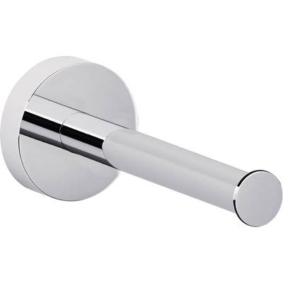 Chrome-coloured wall-mounted toilet roll holder, cylindrical, with no visible screws.