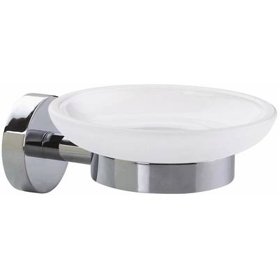 A white glass soap dish with chrome mounting bracket for wall installation. Perfect for a modern bathroom design.