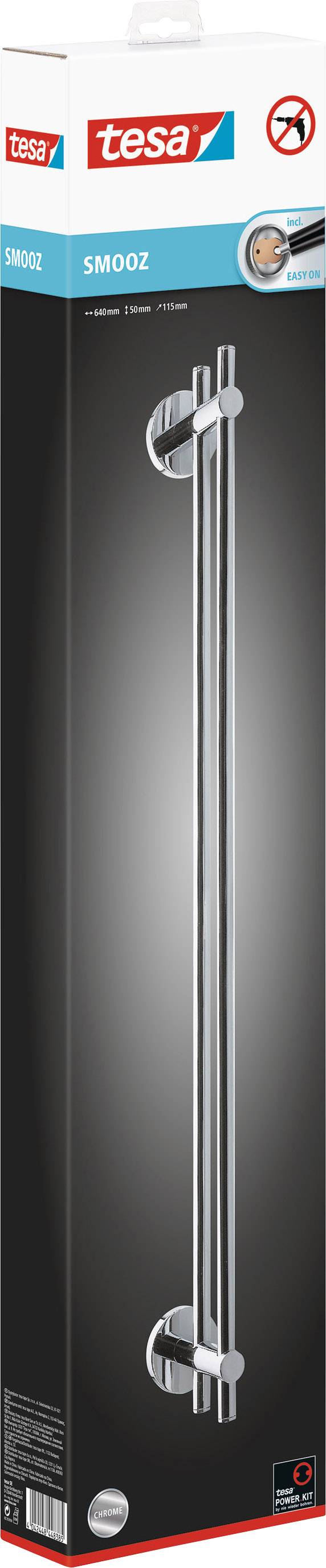 Packaging for 'tesa Smooz' towel holder, self-adhesive, shown with product photo. Suitable for easy installation without drilling.