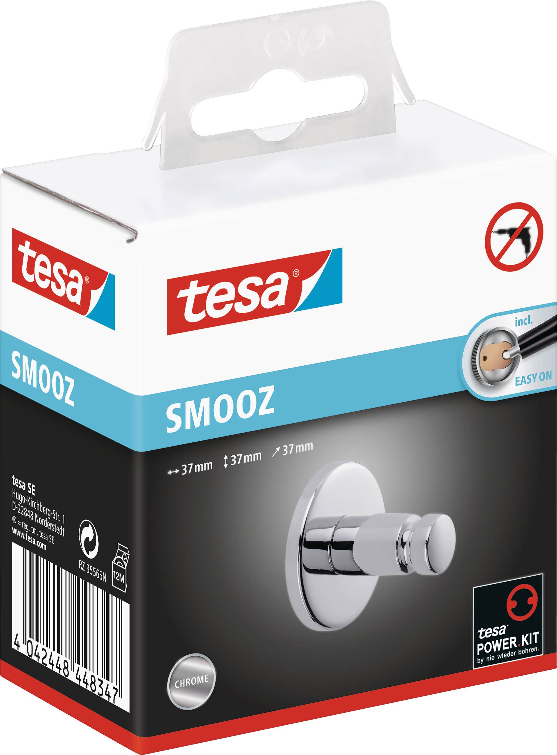 Packaging for a tesa adhesive hook, SMOOZ model, for easy mounting without drilling, suitable for smooth surfaces.