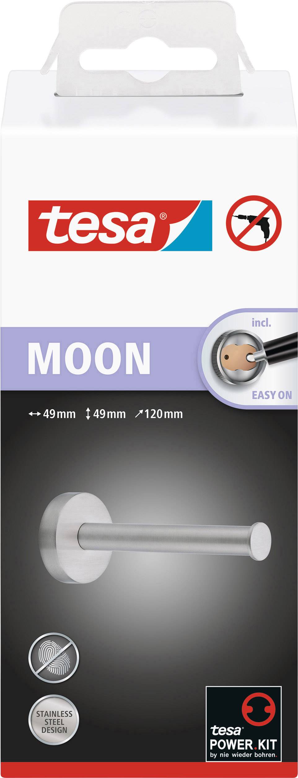 Packaging for a self-adhesive towel holder 'tesa MOON' made of stainless steel, including mounting kit, no drilling required.