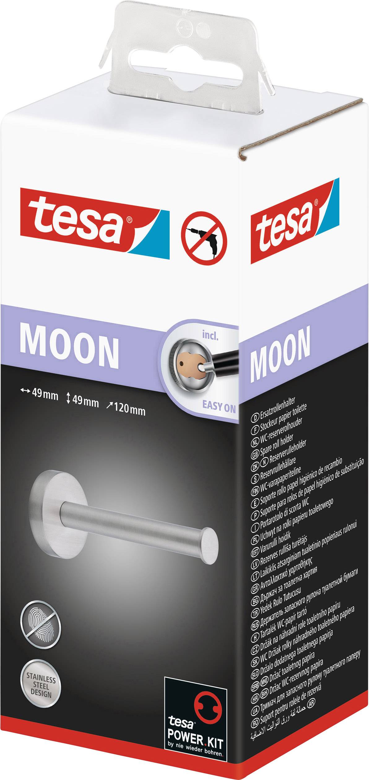 Packaging for a Tesa Power.Kit MOON towel holder, displaying a silver wall-mounting design, installation without drilling, including accessories.