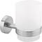 Wall-mounted toothbrush tumbler holder in brushed stainless steel with frosted glass cup, modern bathroom accessory.